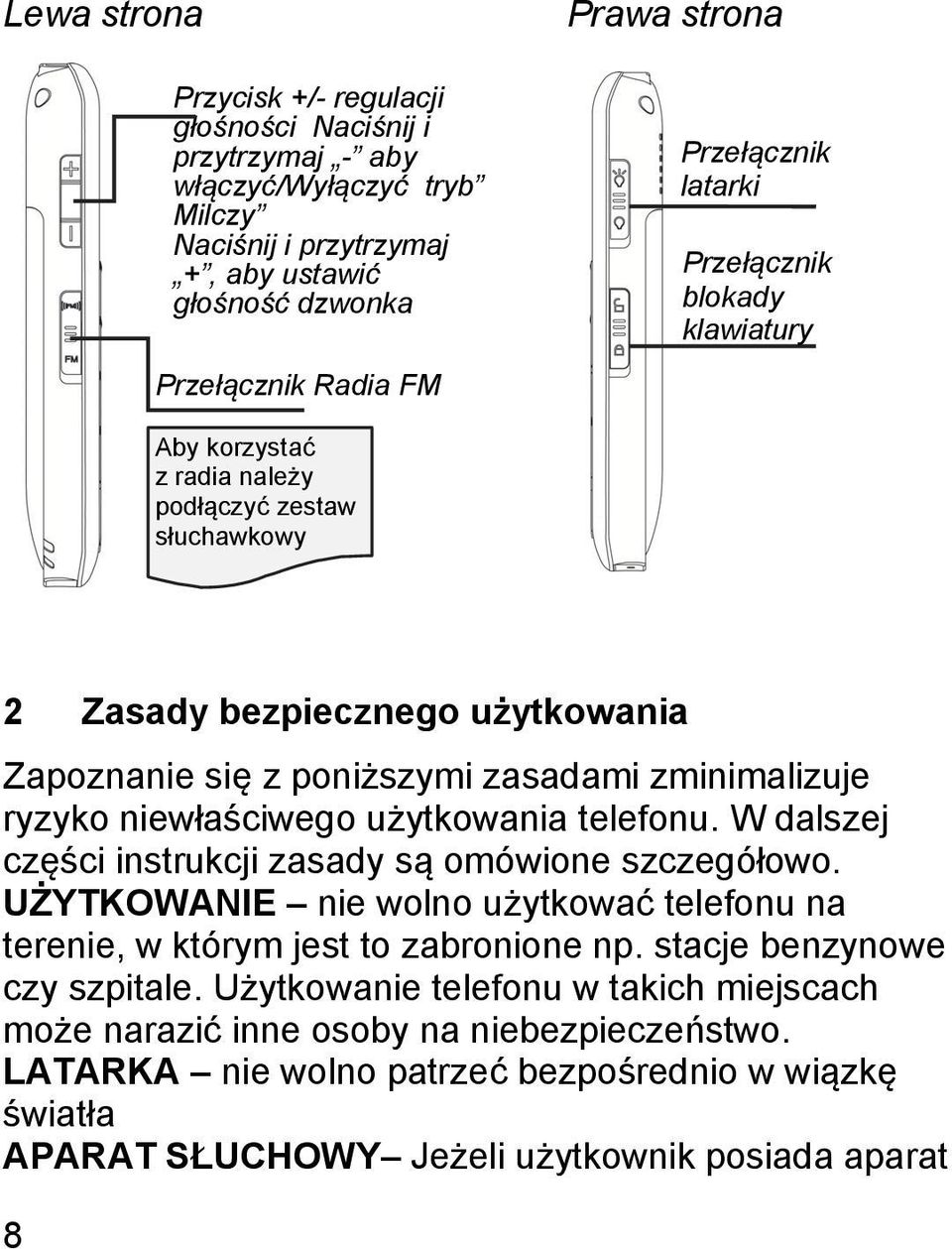 ryzyko niewłaściwego użytkowania telefonu. W dalszej części instrukcji zasady są omówione szczegółowo. UŻYTKOWANIE nie wolno użytkować telefonu na terenie, w którym jest to zabronione np.