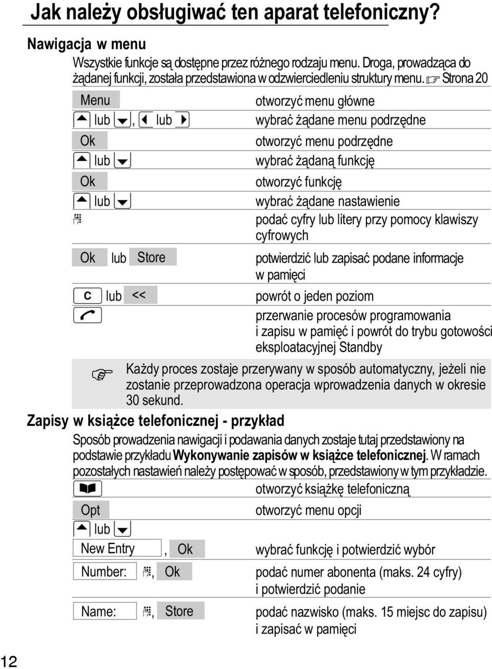Strona 20 Menu lub, lub Ok lub Ok lub otworzyć menu główne wybrać ądane menu podrzędne otworzyć menu podrzędne wybrać ądaną funkcję otworzyć funkcję wybrać ądane nastawienie podać cyfry lub litery