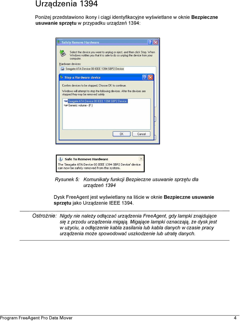 IEEE 1394. Ostrożnie: Nigdy nie należy odłączać urządzenia FreeAgent, gdy lampki znajdujące się z przodu urządzenia migają.
