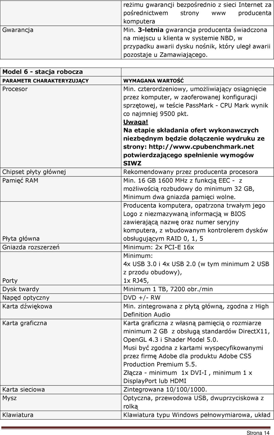 Model 6 - stacja robocza PARAMETR CHARAKTERYZUJĄCY Procesor Chipset płyty głównej Pamięć RAM Płyta główna Gniazda rozszerzeń Porty Dysk twardy Napęd optyczny Karta dźwiękowa Karta graficzna WYMAGANA