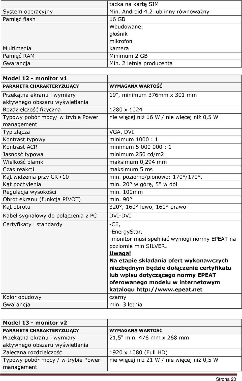 x 1024 Typowy pobór mocy/ w trybie Power management Typ złącza nie więcej niż 16 W / nie więcej niż 0,5 W VGA, DVI Kontrast typowy minimum 1000 : 1 Kontrast ACR minimum 5 000 000 : 1 Jasność typowa