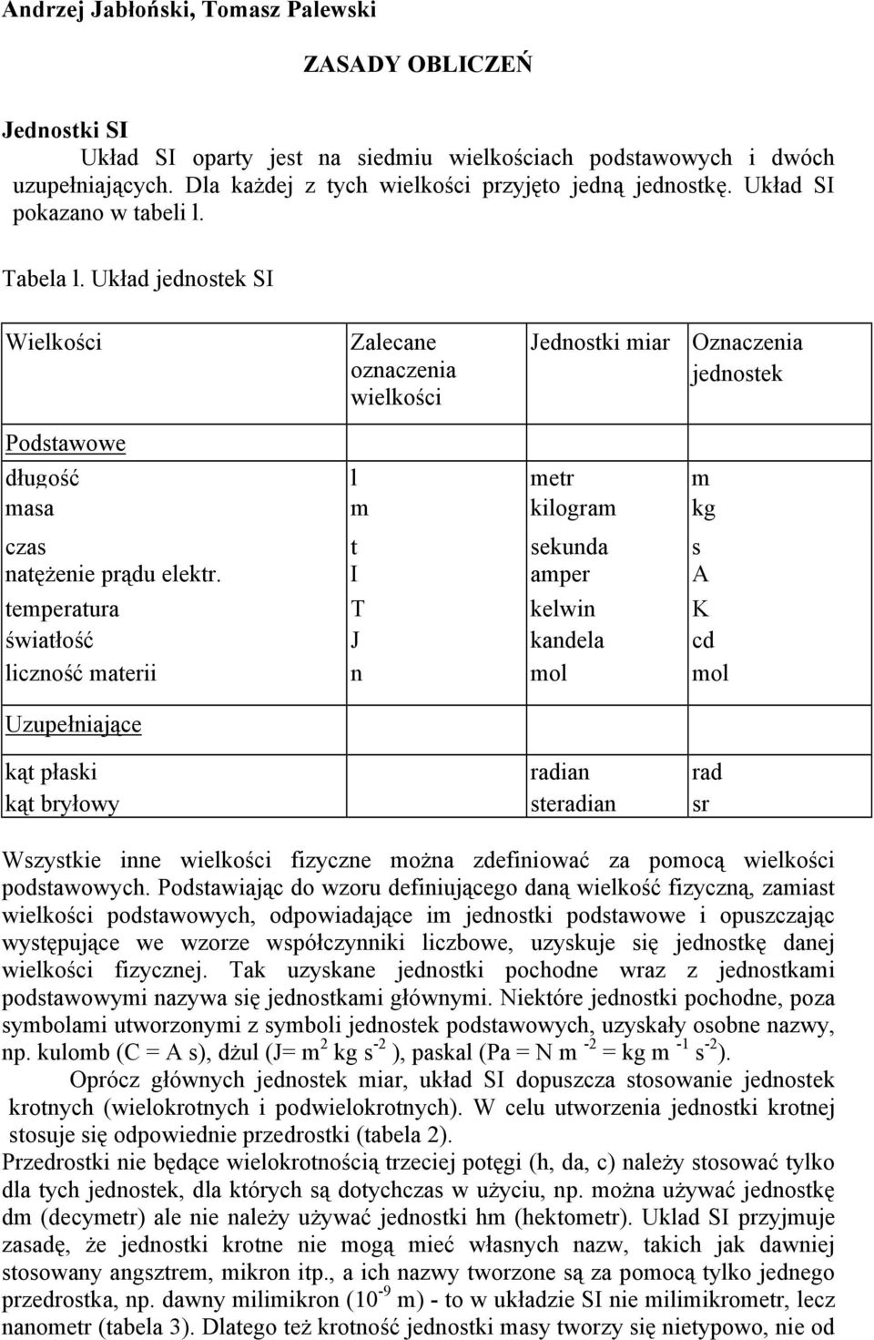 Układ jednostek SI Wielkości Zalecane oznaczenia wielkości Jednostki miar Oznaczenia jednostek Podstawowe długość l metr m masa m kilogram kg czas t sekunda s natężenie prądu elektr.
