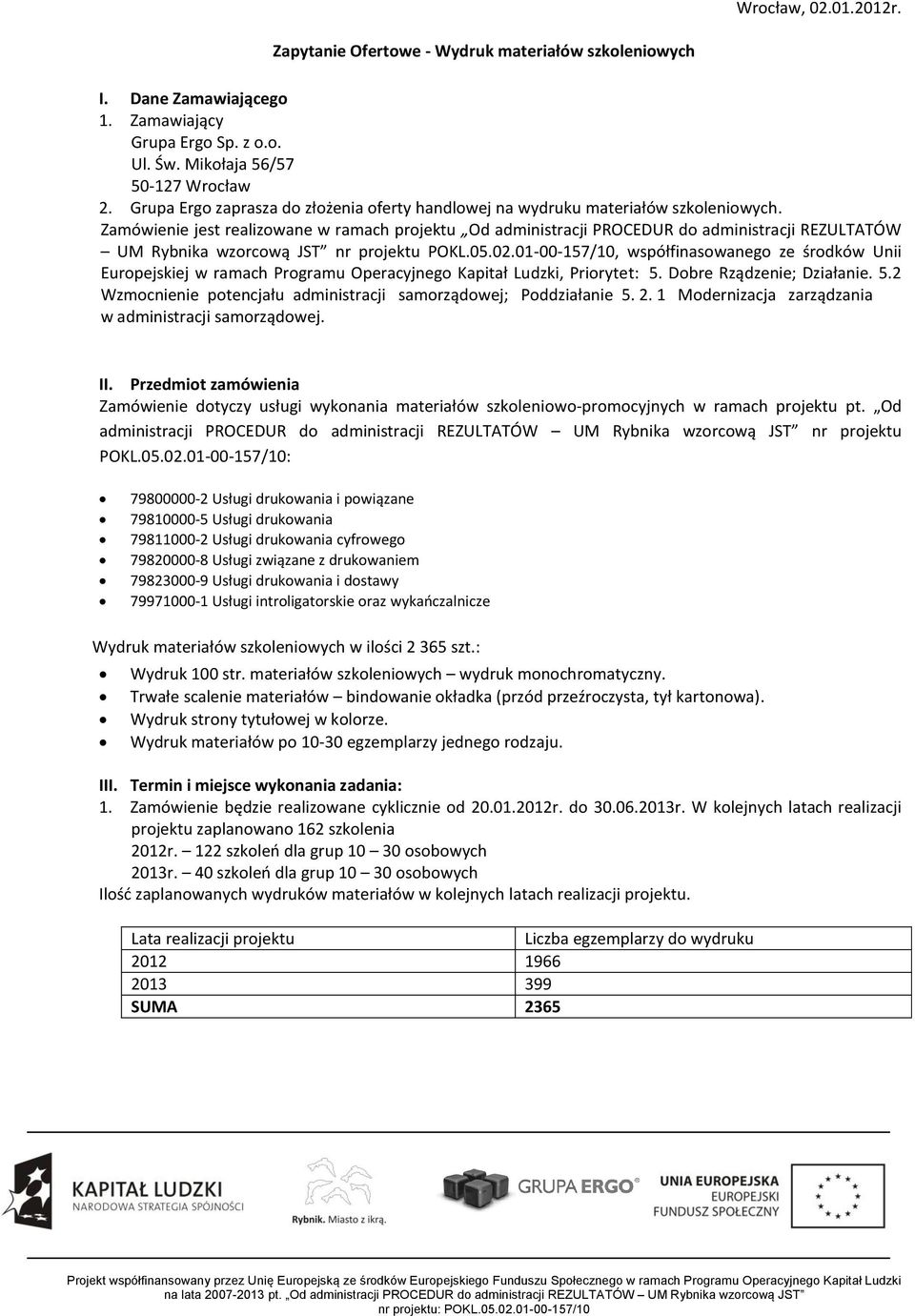 Zamówienie jest realizowane w ramach projektu Od administracji PROCEDUR do administracji REZULTATÓW UM Rybnika wzorcową JST nr projektu POKL.05.02.