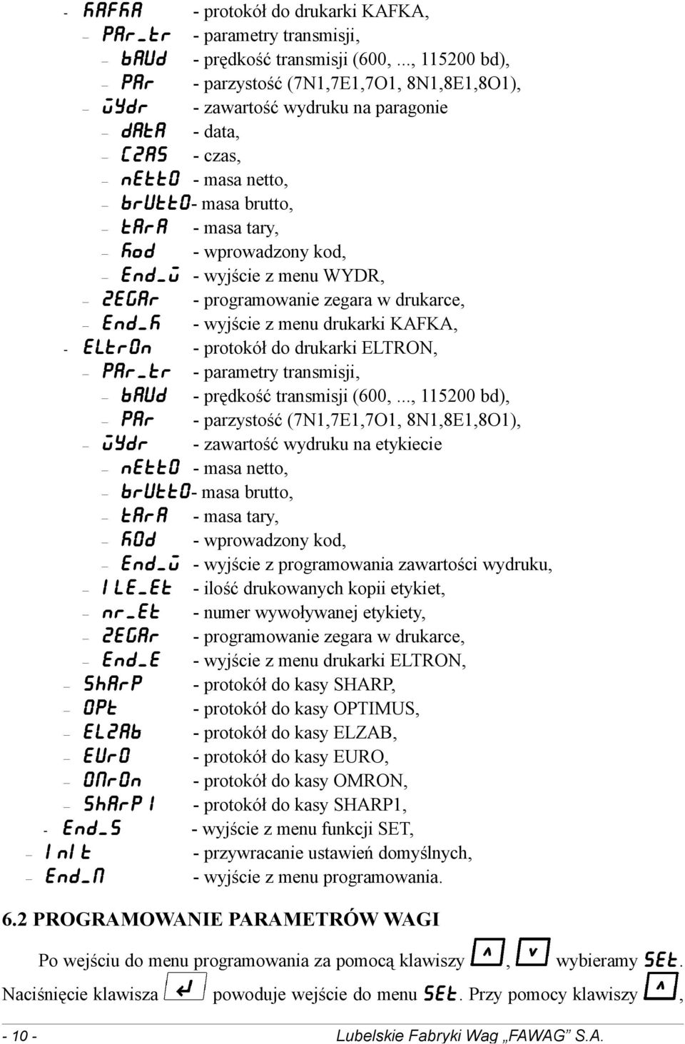 wprowadzony kod, END_W - wyjście z menu WYDR, ZEGAR - programowanie zegara w drukarce, END_K - wyjście z menu drukarki KAFKA, ELTR0N - protokół do drukarki ELTRON, PAR_TR - parametry transmisji, BAUD