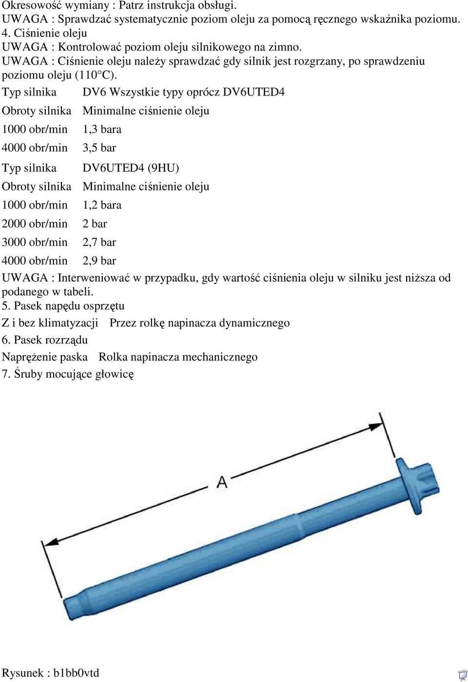 Typ silnika DV6 Wszystkie typy oprócz DV6UTED4 Obroty silnika Minimalne ciśnienie oleju 1000 obr/min 1,3 bara 4000 obr/min 3,5 bar Typ silnika DV6UTED4 (9HU) Obroty silnika Minimalne ciśnienie oleju