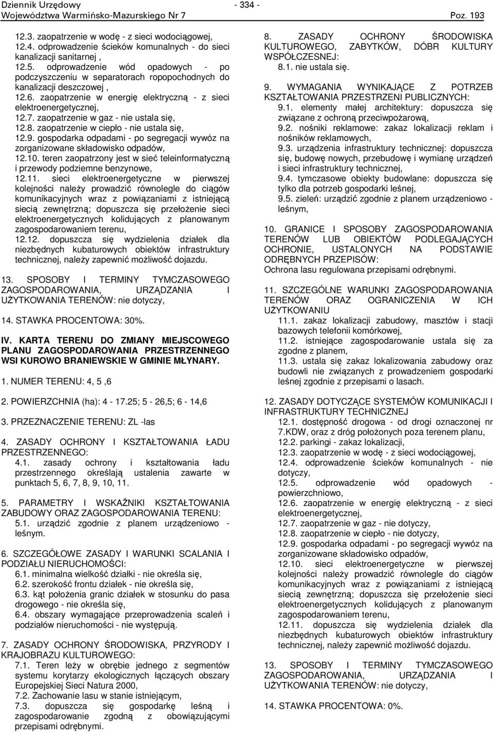 zaopatrzenie w gaz - nie ustala się, 12.8. zaopatrzenie w ciepło - nie ustala się, 12.9. gospodarka odpadami - po segregacji wywóz na zorganizowane składowisko odpadów, 12.10.