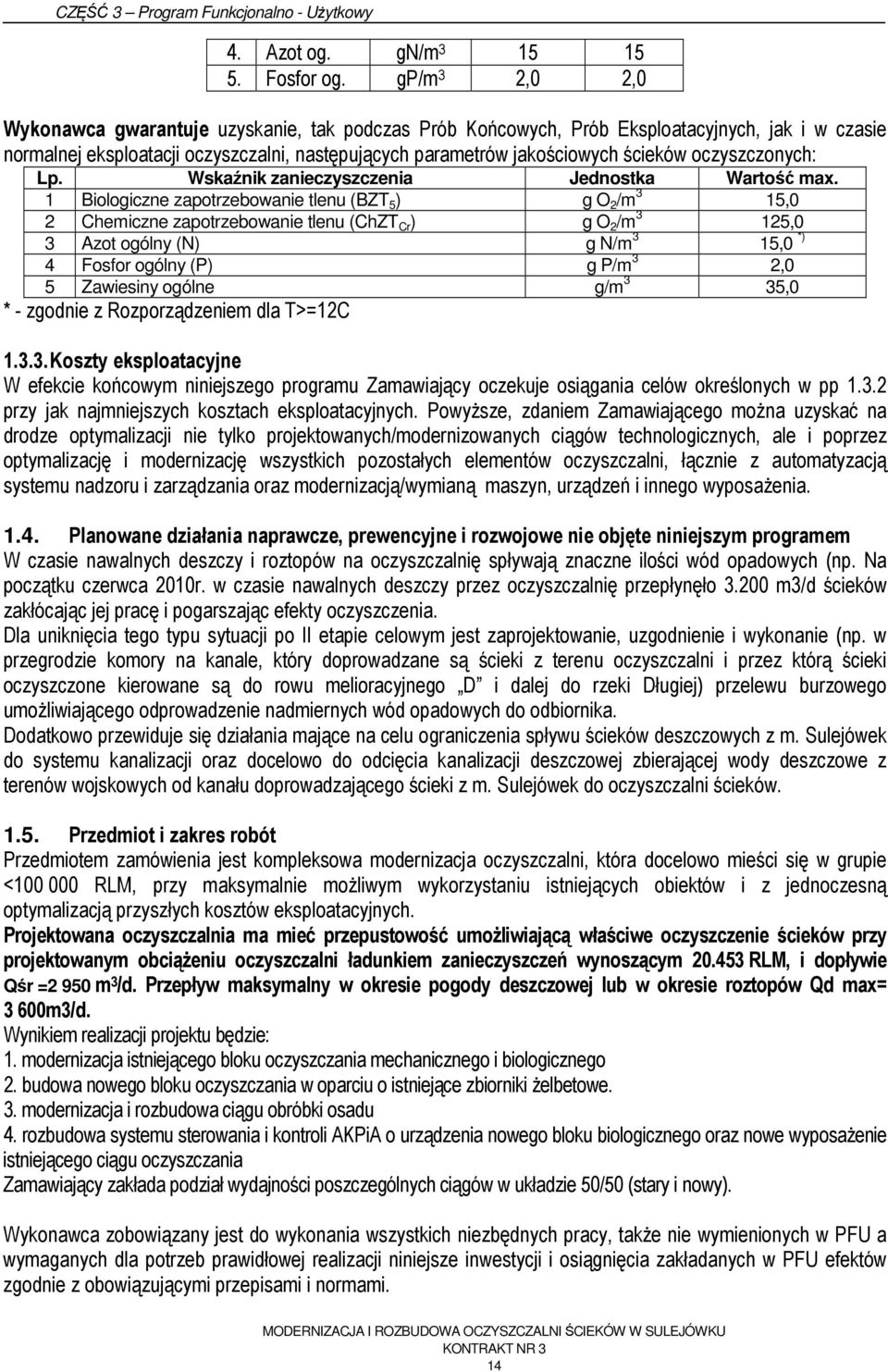 oczyszczonych: Lp. Wskaźnik zanieczyszczenia Jednostka Wartość max.