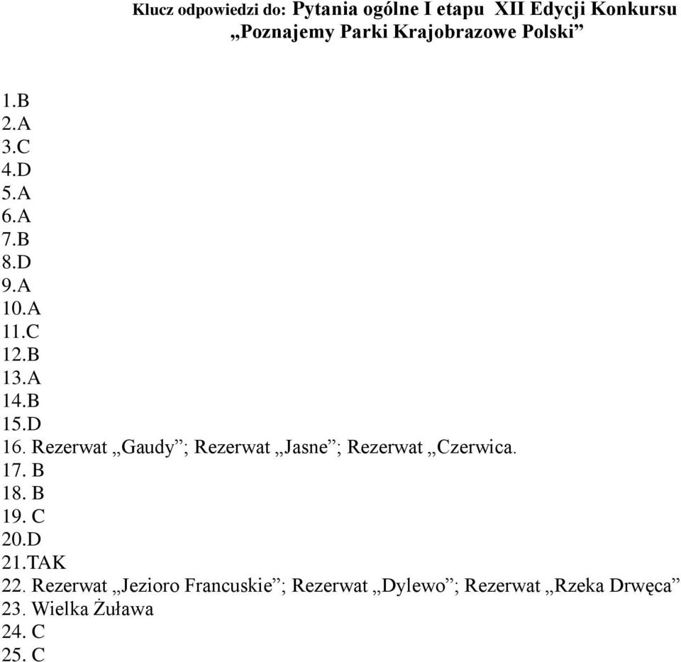 Rezerwat Gaudy ; Rezerwat Jasne ; Rezerwat Czerwica. 17. B 18. B 19. C 20.D 21.TAK 22.