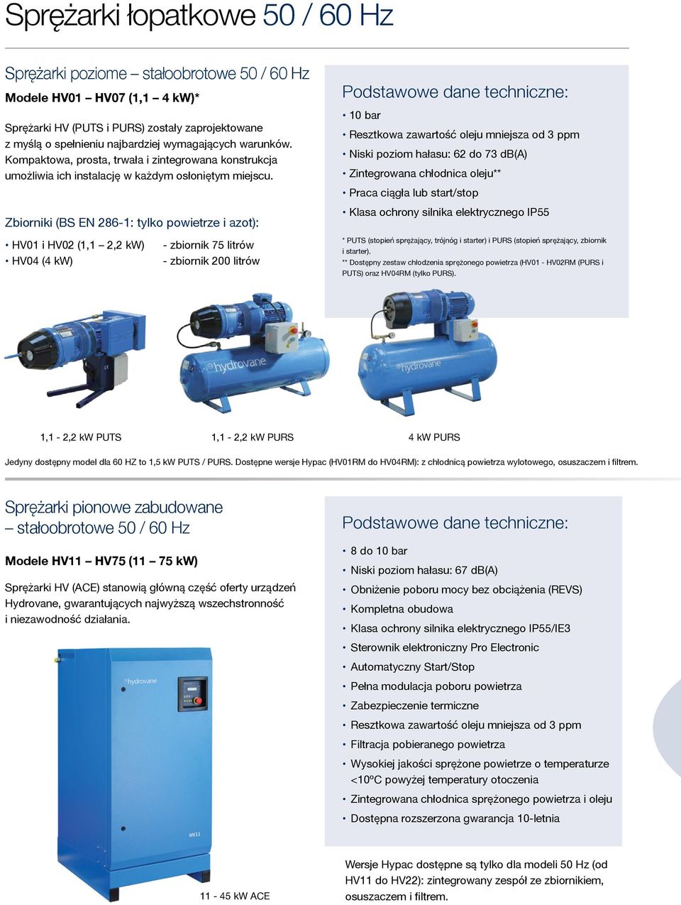 Zbiorniki (BS EN 286-1: tylko powietrze i azot): Podstawowe dane techniczne: 10 bar Resztkowa zawartość oleju mniejsza od 3 ppm Niski poziom hałasu: 62 do 73 db(a) Zintegrowana chłodnica oleju**
