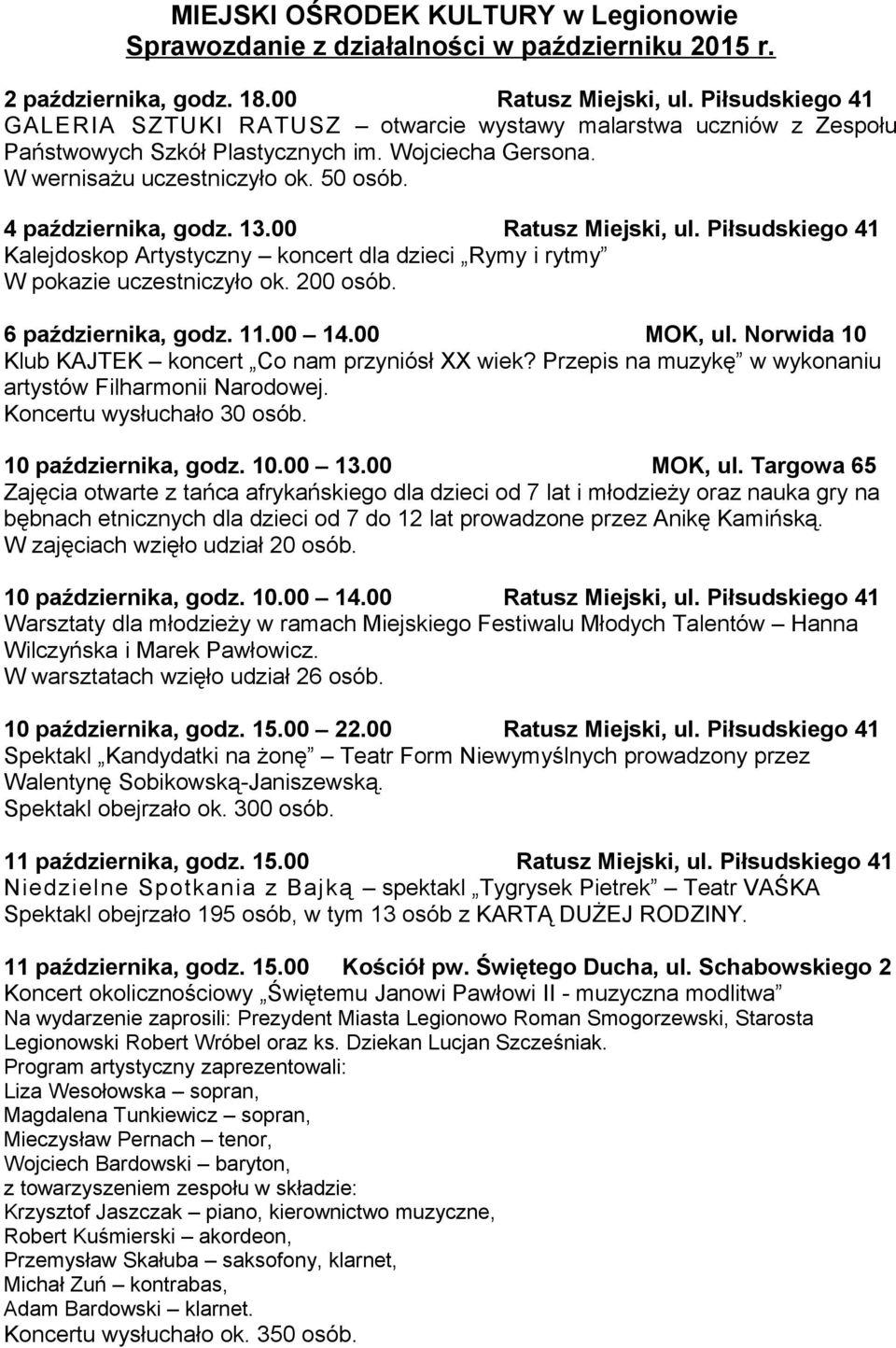 13.00 Ratusz Miejski, ul. Piłsudskiego 41 Kalejdoskop Artystyczny koncert dla dzieci Rymy i rytmy W pokazie uczestniczyło ok. 200 osób. 6 października, godz. 11.00 14.00 MOK, ul.