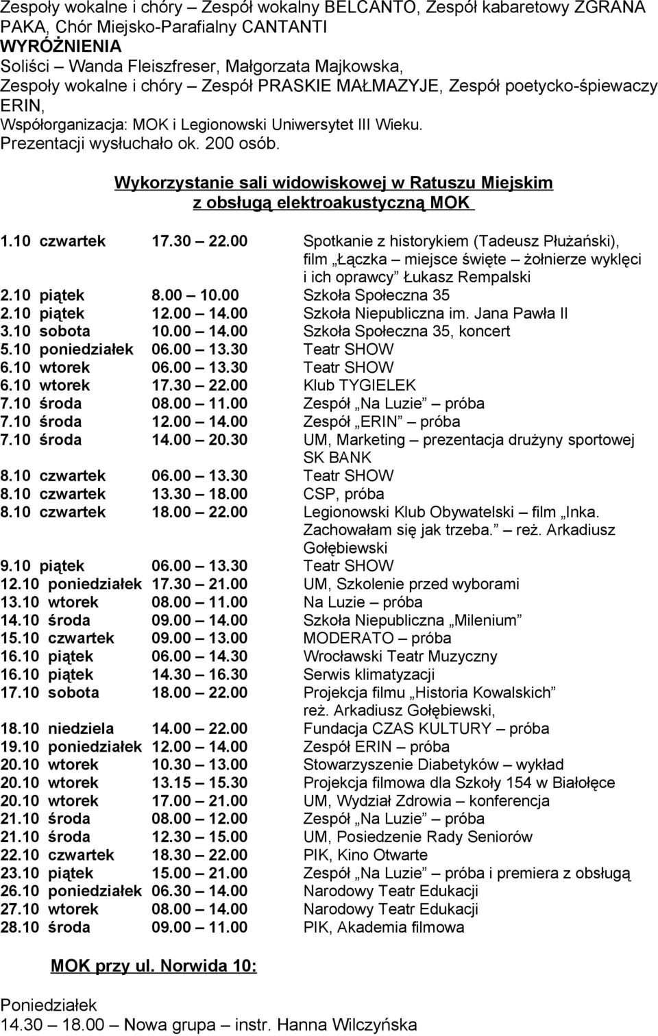 Wykorzystanie sali widowiskowej w Ratuszu Miejskim z obsługą elektroakustyczną MOK 1.10 czwartek 17.30 22.