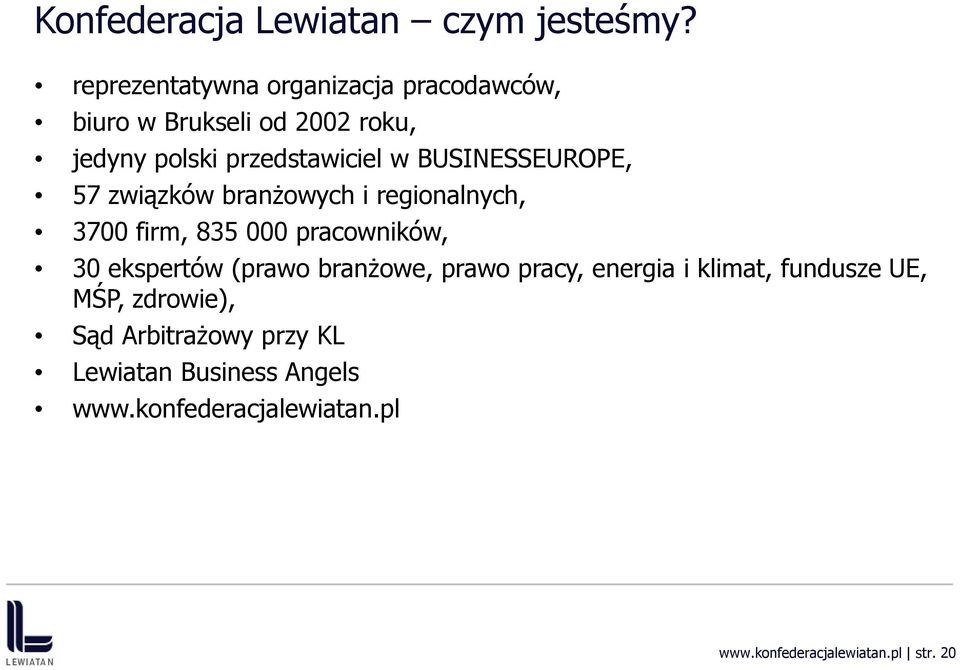 BUSINESSEUROPE, 57 związków branżowych i regionalnych, 3700 firm, 835 000 pracowników, 30 ekspertów (prawo