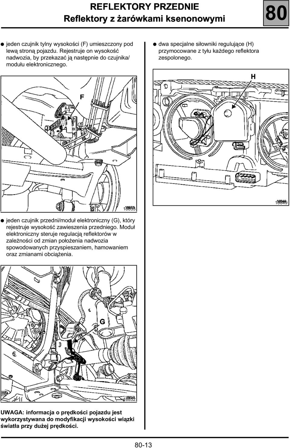 dwa specjalne siłowniki regulujące (H) przymocowane z tyłu każdego reflektora zespolonego.