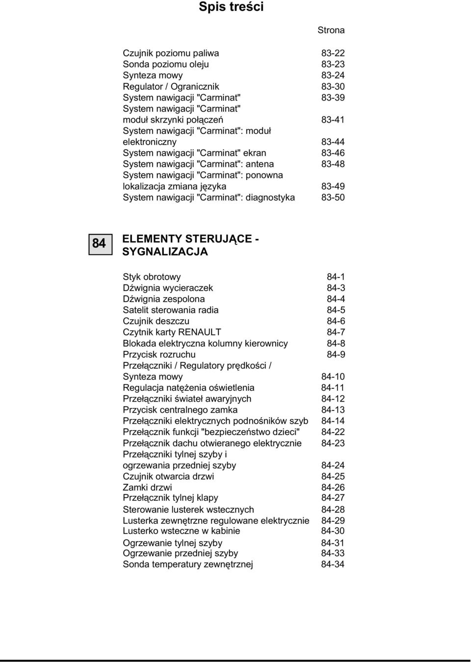 lokalizacja zmiana języka 83-49 System nawigacji "Carminat": diagnostyka 83-50 84 ELEMENTY STERUJĄCE - SYGNALIZACJA Styk obrotowy 84-1 Dźwignia wycieraczek 84-3 Dźwignia zespolona 84-4 Satelit