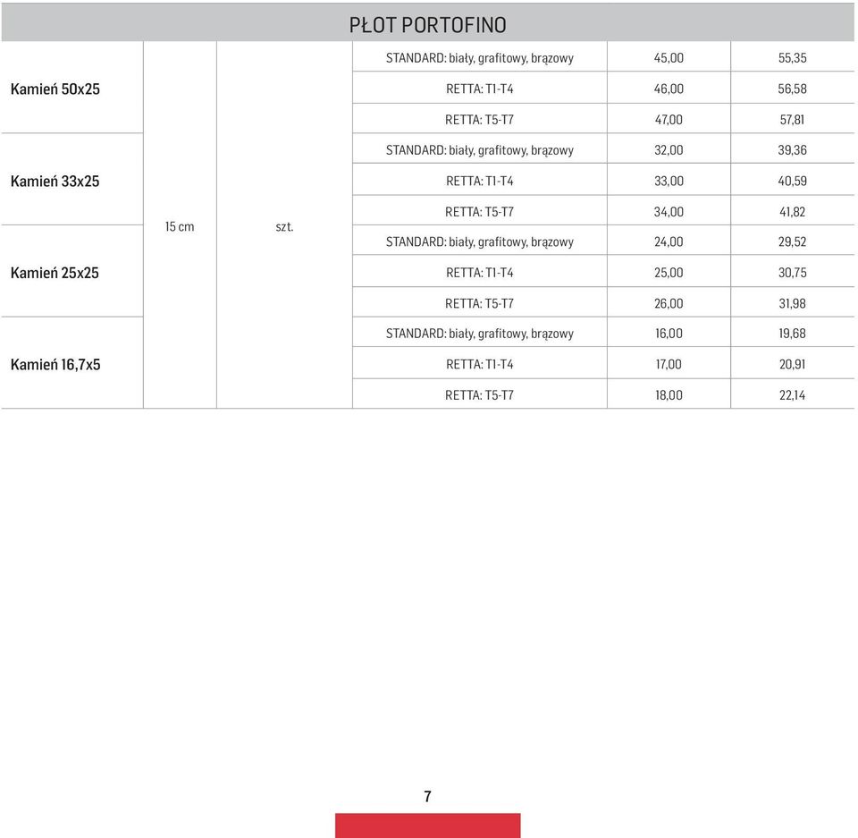 RETTA: T5-T7 34,00 41,82 STANDARD: biały, grafitowy, brązowy 24,00 29,52 Kamień 25x25 RETTA: T1-T4 25,00 30,75 RETTA: