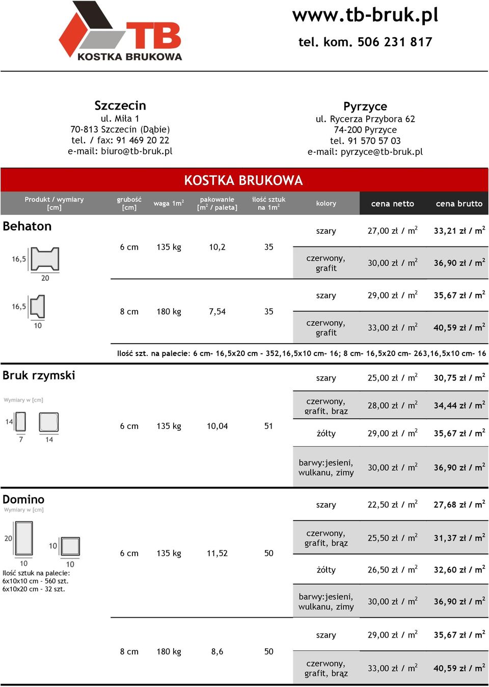 pl Behaton 1m 2 KOSTKA BRUKOWA [m 2 / paleta] na 1m 2 6 cm 135 kg 10,2 35 szary 27,00 zł / m 2 33,21 zł / m 2 szary 29,00 zł / m 2 35,67 zł / m 2 8 cm 180 kg 7,54 35 33,00 zł / m 2 40,59 zł / m 2