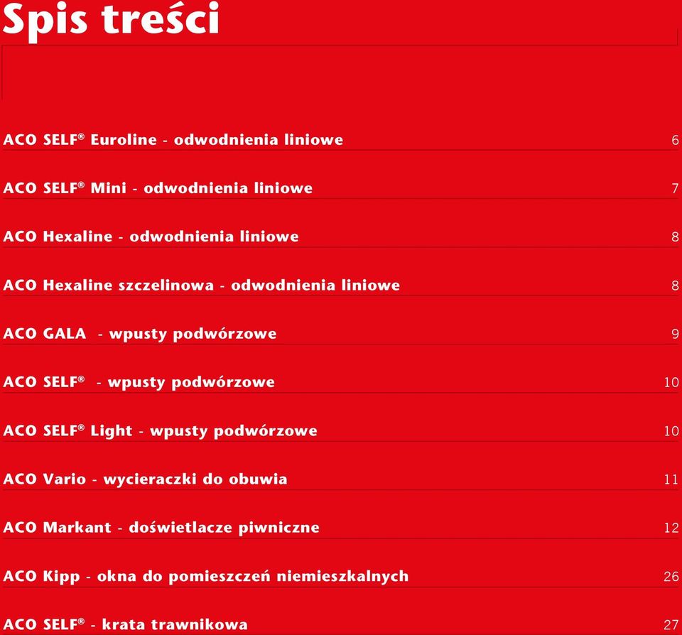 - wycieraczki do obuwia 11 ACO Markant - doświetlacze piwniczne 12 ACO Kipp - okna do pomieszczeń niemieszkalnych 26 ACO SELF - krata trawnikowa