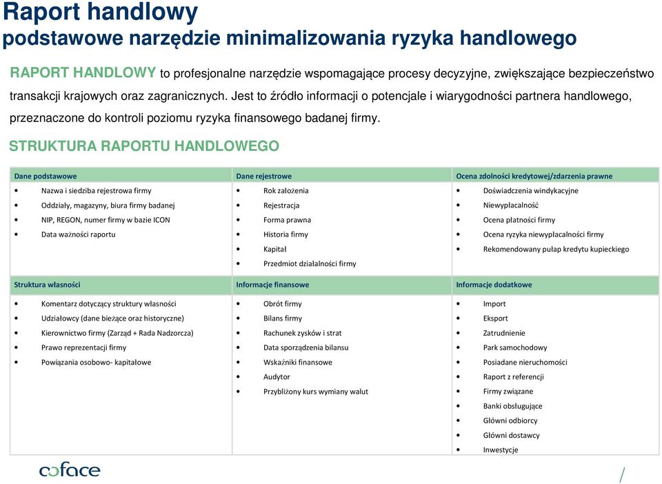 STRUKTURA RAPORTU HANDLOWEGO Dane podstawowe Dane rejestrowe Ocena zdolności kredytowejzdarzenia prawne Nazwa i siedziba rejestrowa firmy Rok założenia Doświadczenia windykacyjne Oddziały, magazyny,
