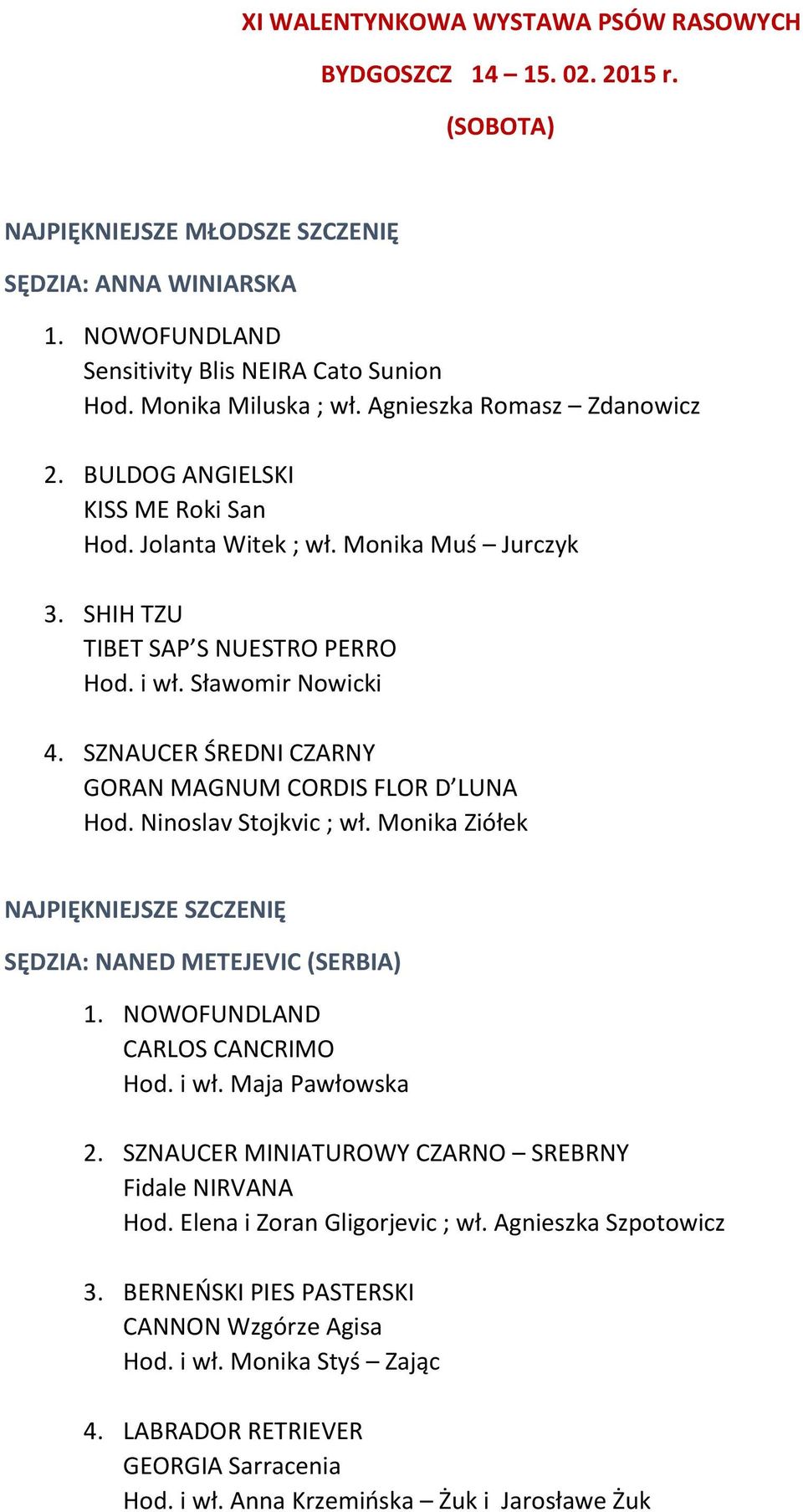 SZNAUCER ŚREDNI CZARNY GORAN MAGNUM CORDIS FLOR D LUNA Hod. Ninoslav Stojkvic ; wł. Monika Ziółek NAJPIĘKNIEJSZE SZCZENIĘ SĘDZIA: NANED METEJEVIC (SERBIA) 1. NOWOFUNDLAND CARLOS CANCRIMO Hod. i wł.