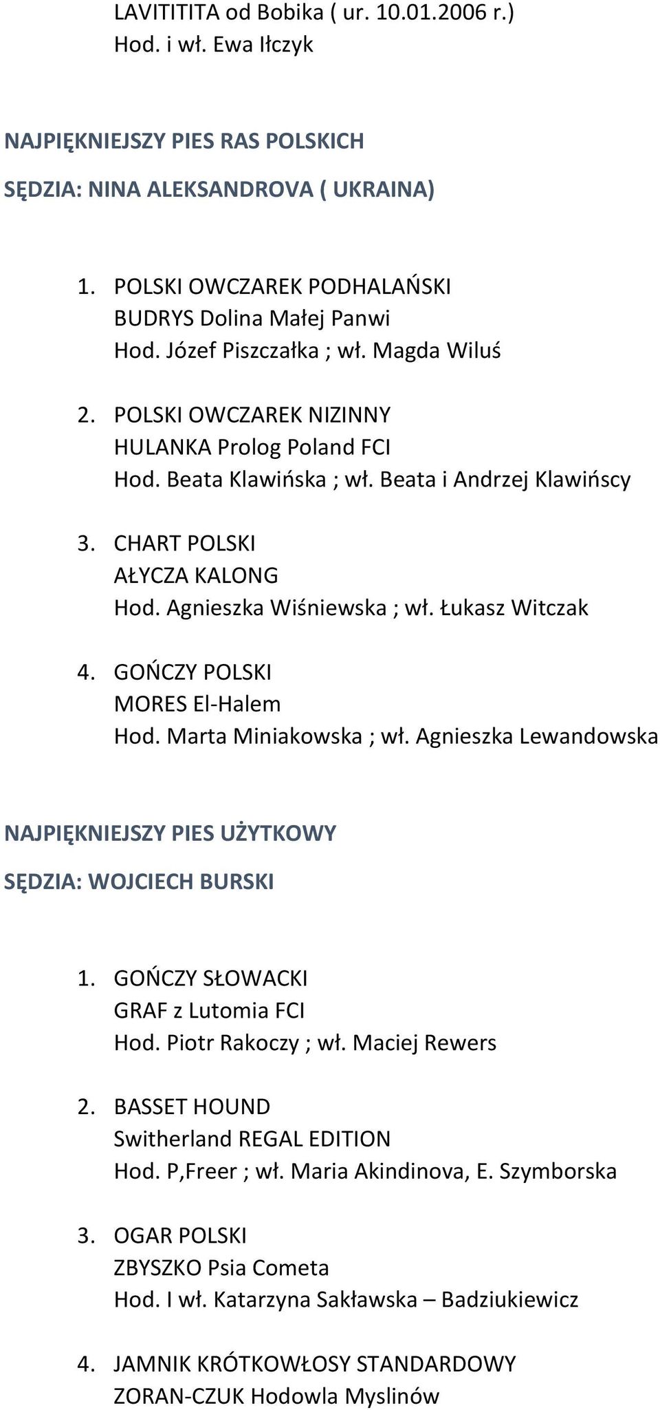 Agnieszka Wiśniewska ; wł. Łukasz Witczak 4. GOŃCZY POLSKI MORES El-Halem Hod. Marta Miniakowska ; wł. Agnieszka Lewandowska NAJPIĘKNIEJSZY PIES UŻYTKOWY SĘDZIA: WOJCIECH BURSKI 1.