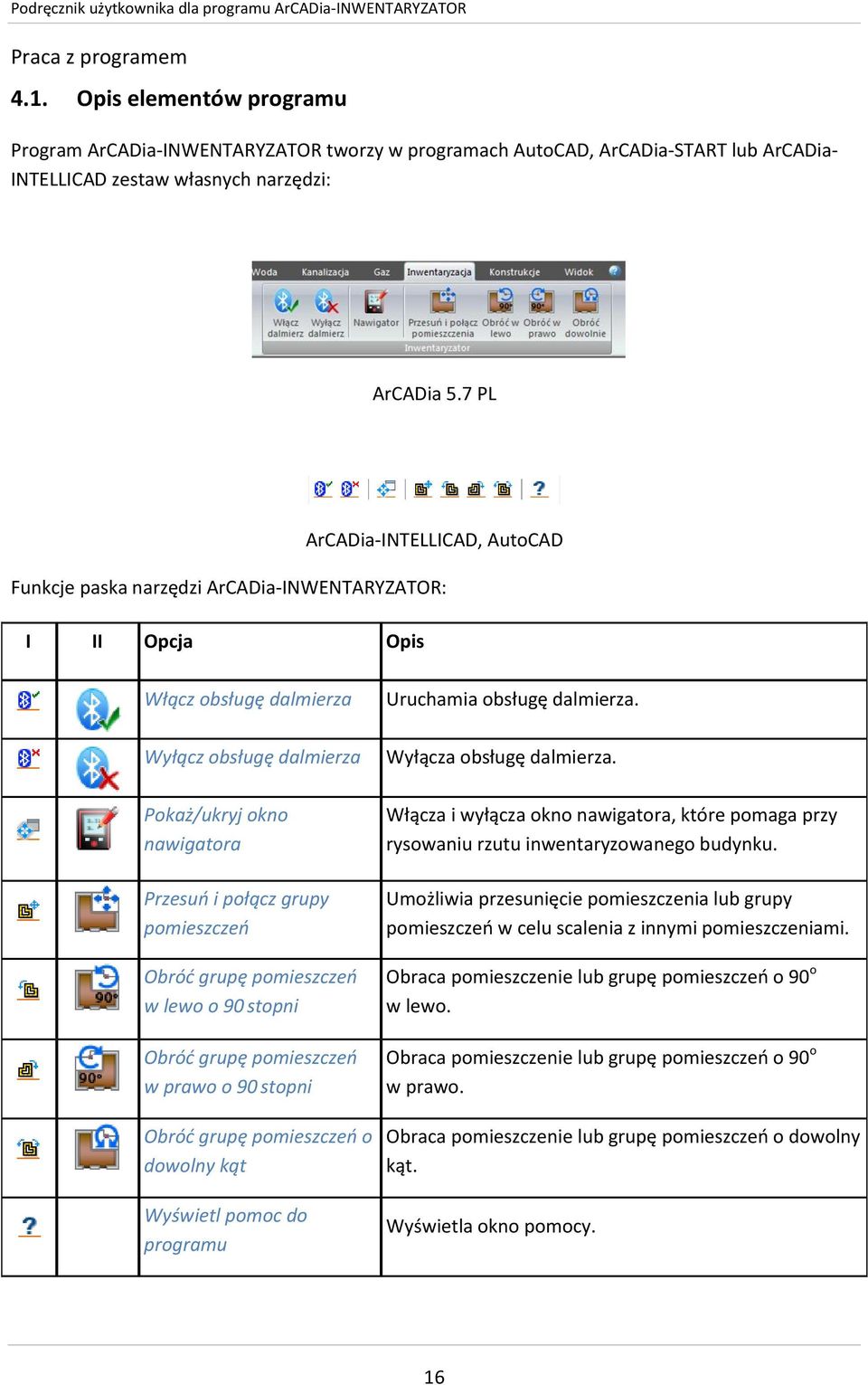 pomieszczeo Obród grupę pomieszczeo w lewo o 90 stopni Obród grupę pomieszczeo w prawo o 90 stopni Obród grupę pomieszczeo o dowolny kąt Wyświetl pomoc do programu Uruchamia obsługę dalmierza.
