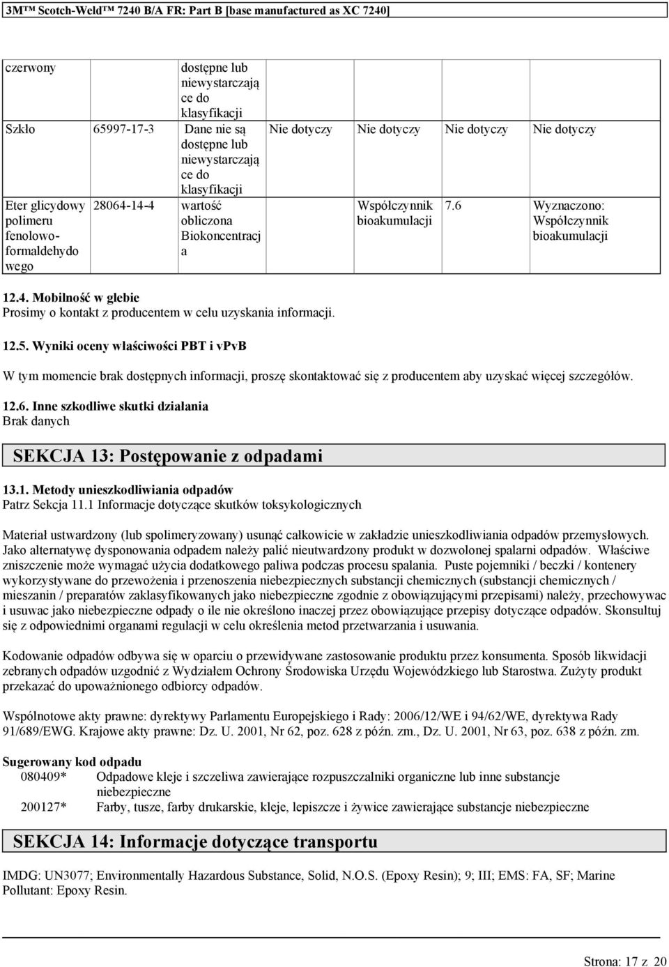 6 Wyznaczono: Współczynnik bioakmlacji W tym momencie brak dostępnych informacji, proszę skontaktoć się z prodcentem aby zyskać więcej szczegółów. 12.6. Inne szkodliwe sktki działania Brak danych SEKCJA 13: Postęponie z odpadami 13.