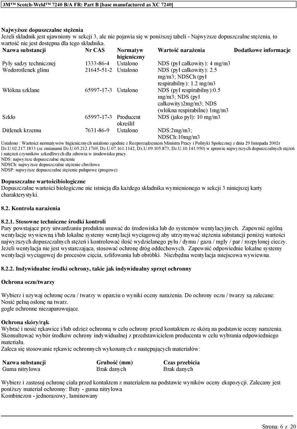 Naz sbstancji Nr CAS Normatyw Wartość narażenia Dodatkowe informacje higieniczny Pyły sadzy technicznej 1333-86-4 Ustalono NDS (pył całkowity): 4 mg/m3 Wodorotlenek glin 21645-51-2 Ustalono NDS (pył