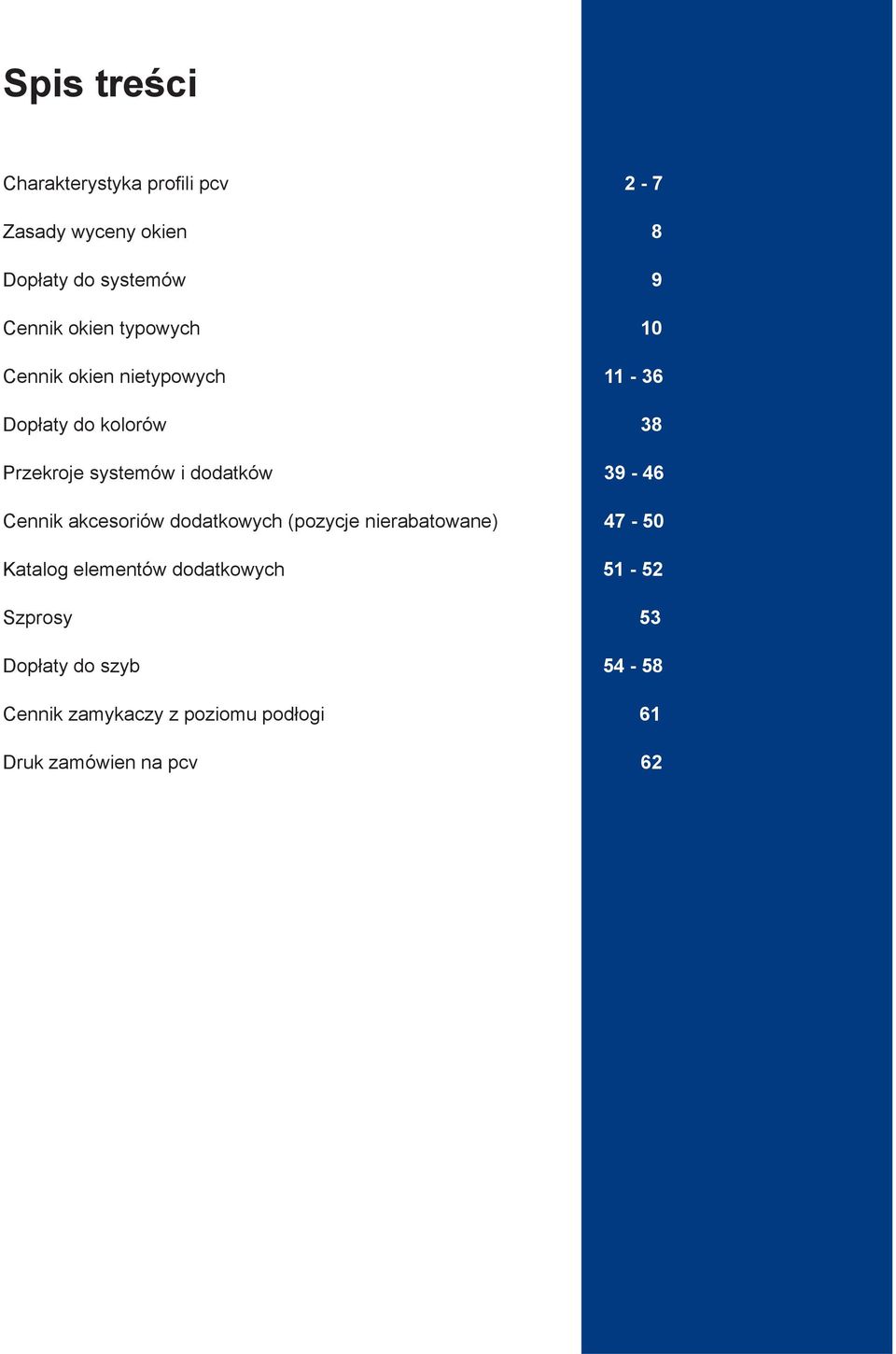 dodatków 39-46 Cennik akcesoriów dodatkowych (pozycje nierabatowane) 47-50 Katalog elementów