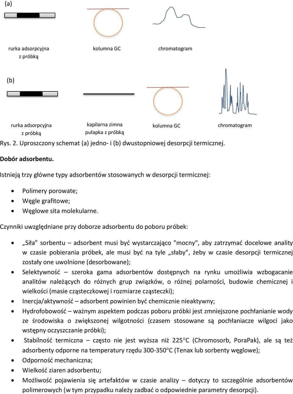 Czynniki uwzględniane przy doborze adsorbentu do poboru próbek: Siła sorbentu adsorbent musi być wystarczająco "mocny", aby zatrzymać docelowe anality w czasie pobierania próbek, ale musi być na tyle