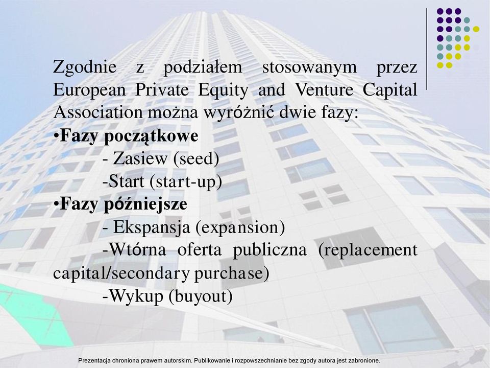 (seed) -Start (start-up) Fazy późniejsze - Ekspansja (expansion) -Wtórna