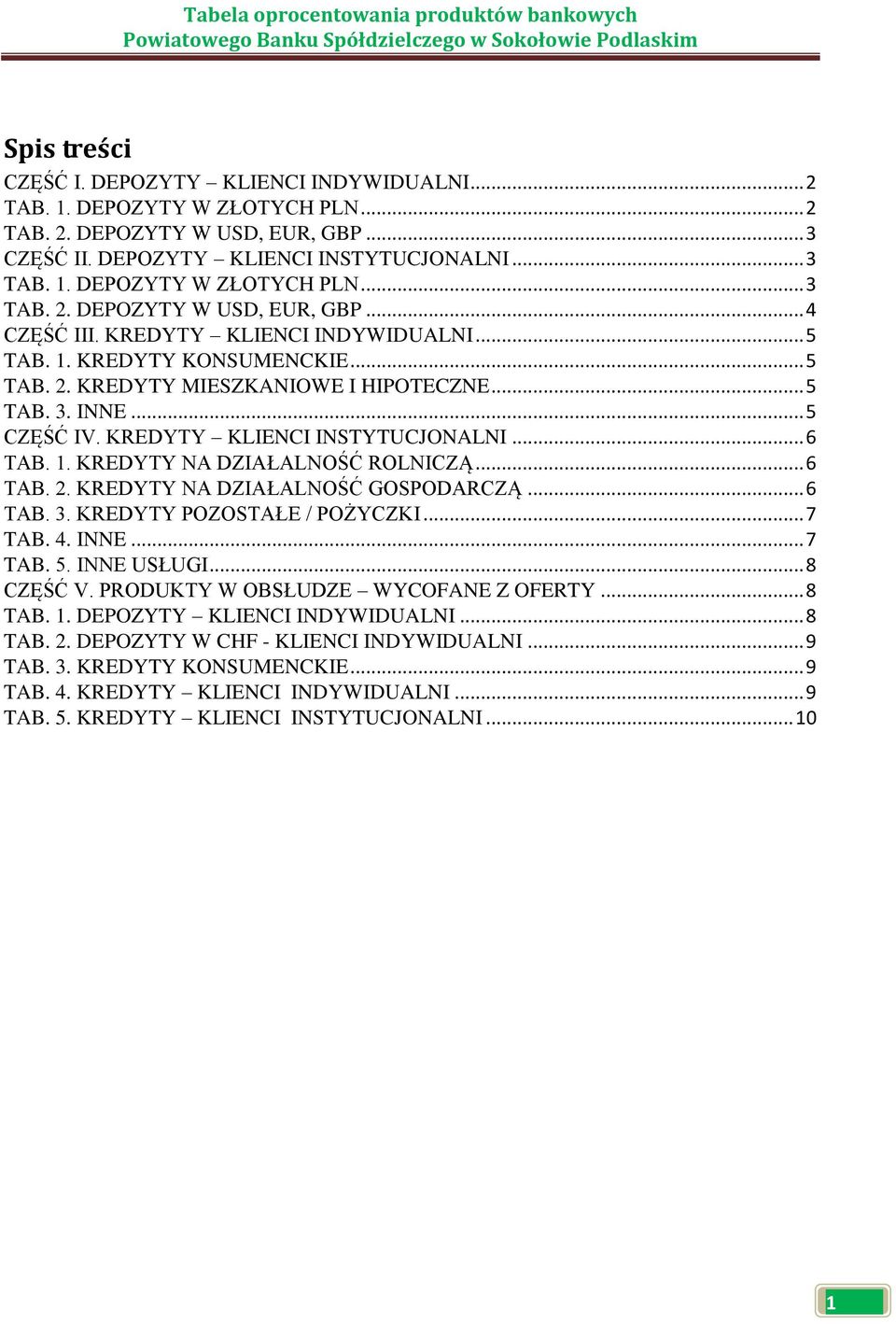 .. 6 TAB. 2. KREDYTY NA DZIAŁALNOŚĆ GOSPODARCZĄ... 6 TAB. 3. KREDYTY POZOSTAŁE / POŻYCZKI... 7 TAB. 4. INNE... 7 TAB. 5. INNE USŁUGI... 8 CZĘŚĆ V. PRODUKTY W OBSŁUDZE WYCOFANE Z OFERTY... 8 TAB. 1.