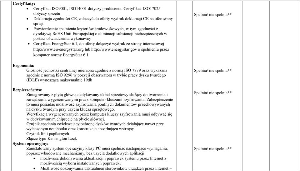 1, do oferty dołączyć wydruk ze strony internetowej http://www.eu-energystar.org lub http://www.energystar.gov o spełnieniu przez komputer normy EnergyStar 6.