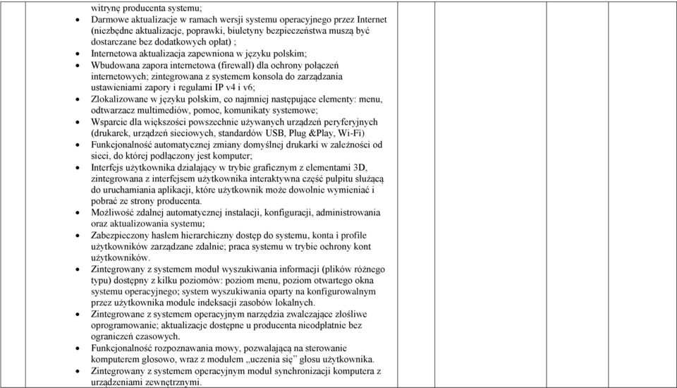 zapory i regułami IP v4 i v6; Zlokalizowane w języku polskim, co najmniej następujące elementy: menu, odtwarzacz multimediów, pomoc, komunikaty systemowe; Wsparcie dla większości powszechnie