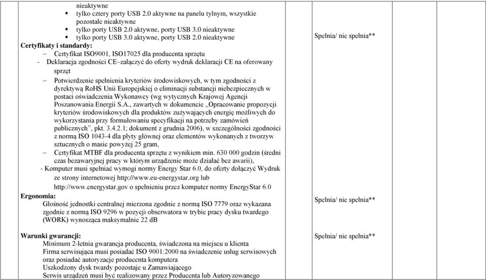 spełnienia kryteriów środowiskowych, w tym zgodności z dyrektywą RoHS Unii Europejskiej o eliminacji substancji niebezpiecznych w postaci oświadczenia Wykonawcy (wg wytycznych Krajowej Agencji