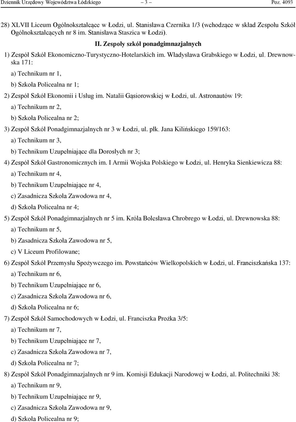 Drewnowska 171: a) Technikum nr 1, b) Szkoła Policealna nr 1; 2) Zespół Szkół Ekonomii i Usług im. Natalii Gąsiorowskiej w Łodzi, ul.