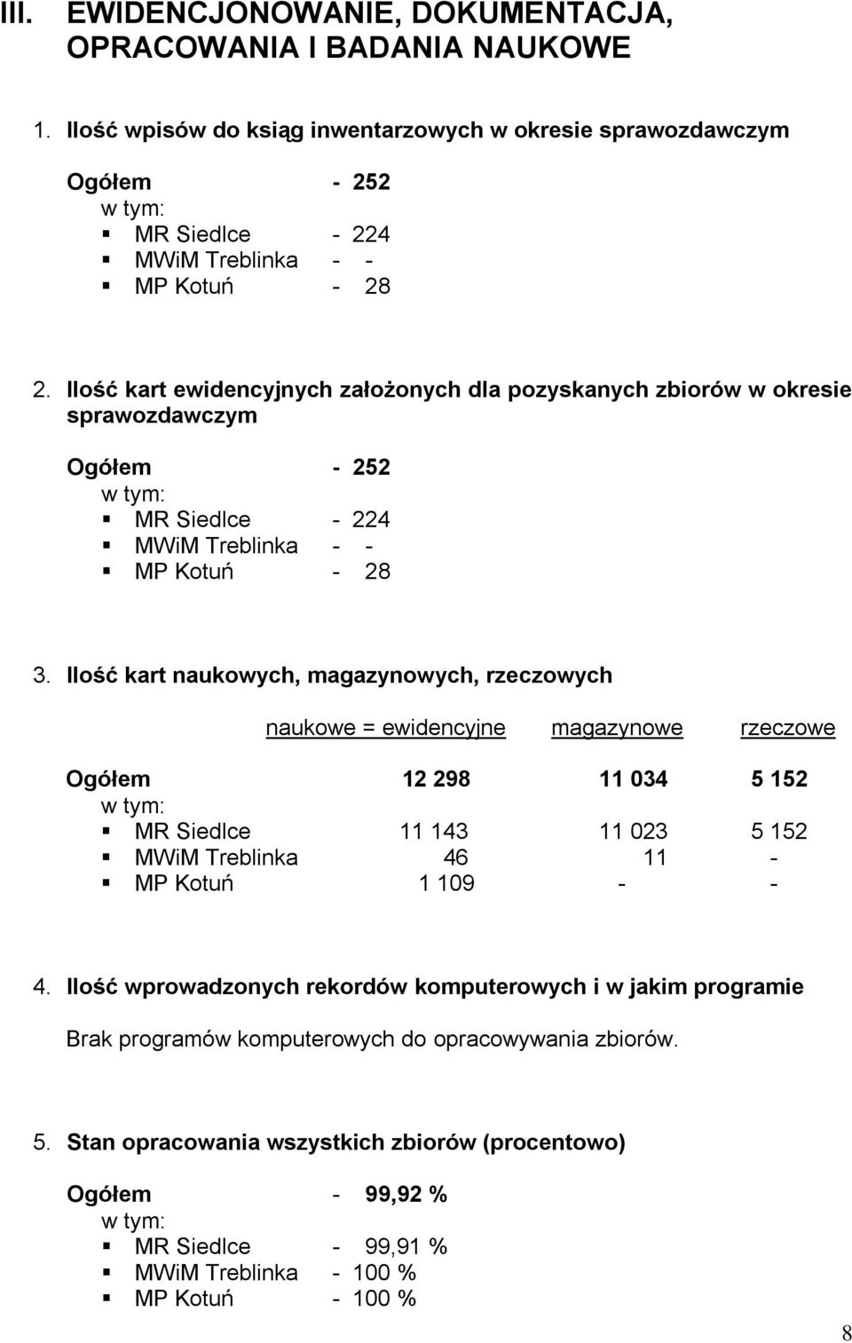 Ilość kart ewidencyjnych założonych dla pozyskanych zbiorów w okresie sprawozdawczym Ogółem - 252 w tym: MR Siedlce - 224 MWiM Treblinka - - MP Kotuń - 28 3.