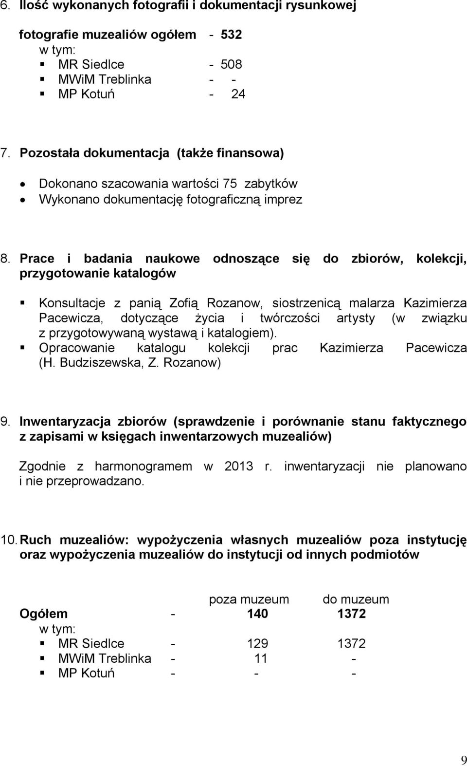 Prace i badania naukowe odnoszące się do zbiorów, kolekcji, przygotowanie katalogów Konsultacje z panią Zofią Rozanow, siostrzenicą malarza Kazimierza Pacewicza, dotyczące życia i twórczości artysty