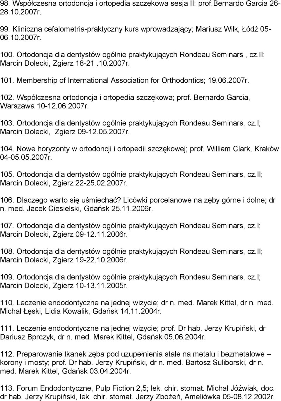 Współczesna ortodoncja i ortopedia szczękowa; prof. Bernardo Garcia, Warszawa 10-12.06.2007r. 103. Ortodoncja dla dentystów ogólnie praktykujących Rondeau Seminars, cz.i; Marcin Dolecki, Zgierz 09-12.