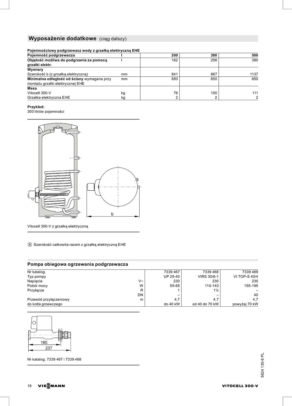 elektryczna EHE kg 2 2 2 Przykład: 300 litrów pojemności Vitocell 300 V zgrzałką elektryczną B Szerokość całkowita razem z grzałką elektryczną EHE Pompa obiegowa ogrzewania podgrzewacza Nr katalog.