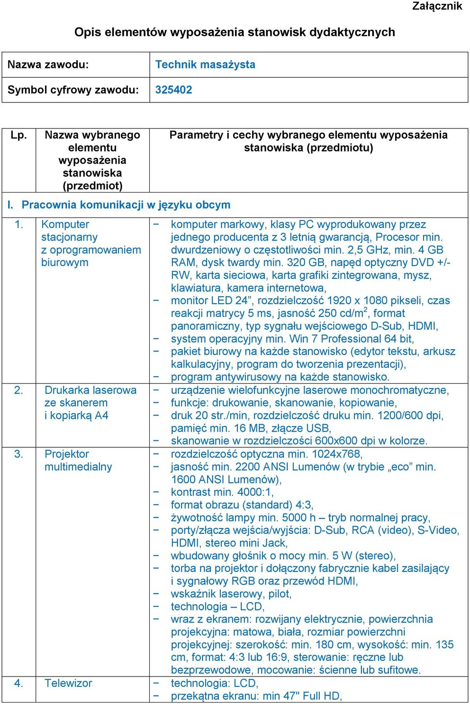 Projektor multimedialny Parametry i cechy wybranego elementu wyposażenia stanowiska (przedmiotu) komputer markowy, klasy PC wyprodukowany przez jednego producenta z 3 letnią gwarancją, Procesor min.
