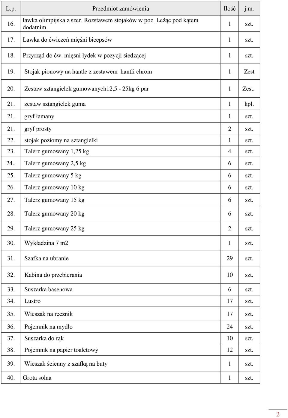 stojak poziomy na sztangielki 23. Talerz gumowany 1,25 kg 4 szt. 24.. Talerz gumowany 2,5 kg 6 szt. 25. Talerz gumowany 5 kg 6 szt. 26. Talerz gumowany 10 kg 6 szt. 27. Talerz gumowany 15 kg 6 szt.