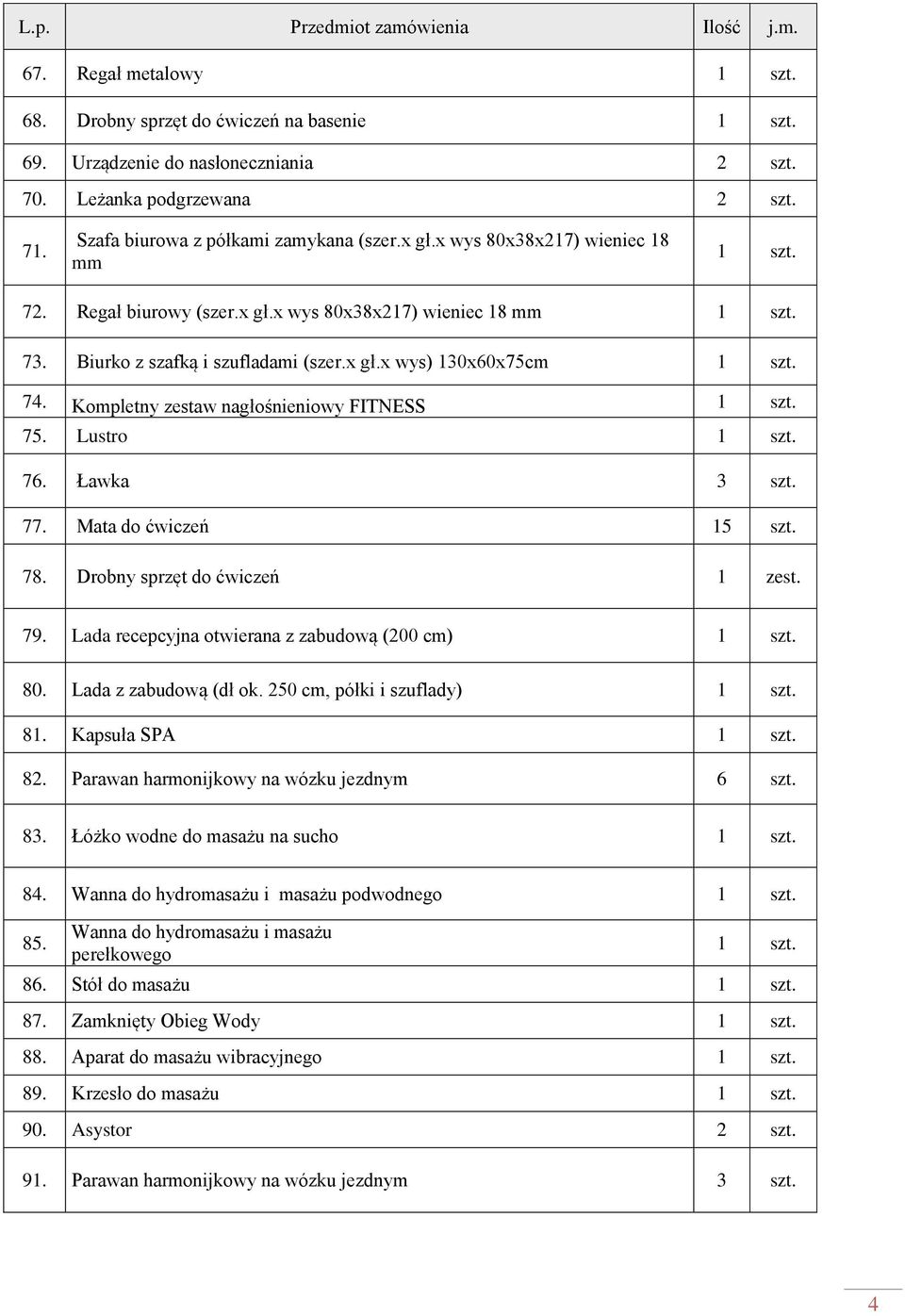 Kompletny zestaw nagłośnieniowy FITNESS 75. Lustro 76. Ławka 3 szt. 77. Mata do ćwiczeń 15 szt. 78. Drobny sprzęt do ćwiczeń 1 zest. 79. Lada recepcyjna otwierana z zabudową (200 cm) 80.
