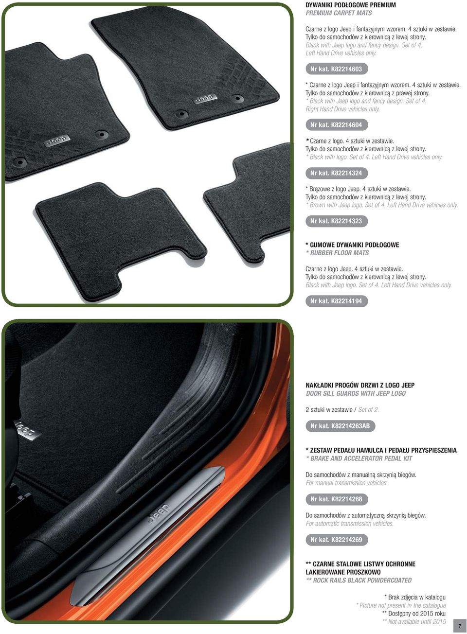 * Black with Jeep logo and fancy design. Set of 4. Right Hand Drive vehicles only. Nr kat. K82214604 * Czarne z logo. 4 sztuki w zestawie. Tylko do samochodów z kierownicą z lewej strony.