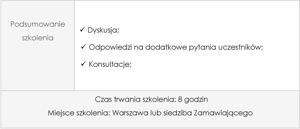 Konsultacje; Czas trwania szkolenia: 8