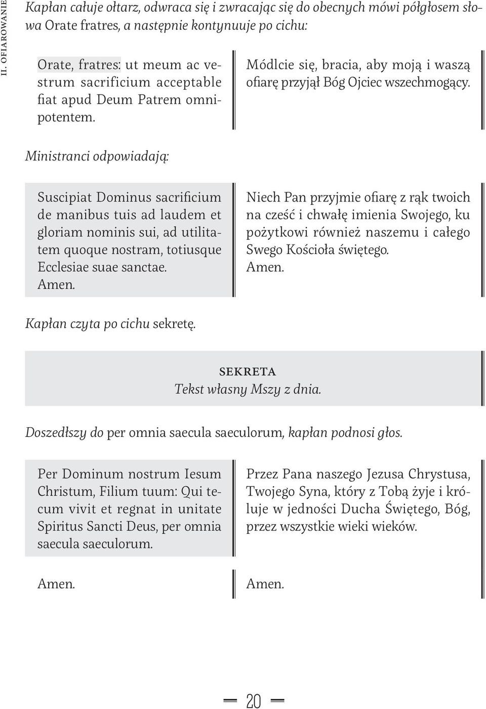 Ministranci odpowiadają: Suscipiat Dominus sacrificium de manibus tuis ad laudem et gloriam nominis sui, ad utilitatem quoque nostram, totiusque Ecclesiae suae sanctae. Amen.