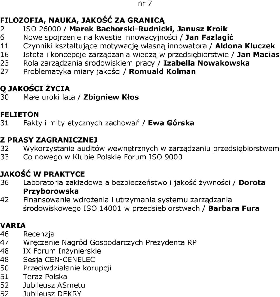 lata / Zbigniew Kłos 31 Fakty i mity etycznych zachowań / Ewa Górska 32 Wykorzystanie auditów wewnętrznych w zarządzaniu przedsiębiorstwem 33 Co nowego w Klubie Polskie Forum ISO 9000 36 Laboratoria