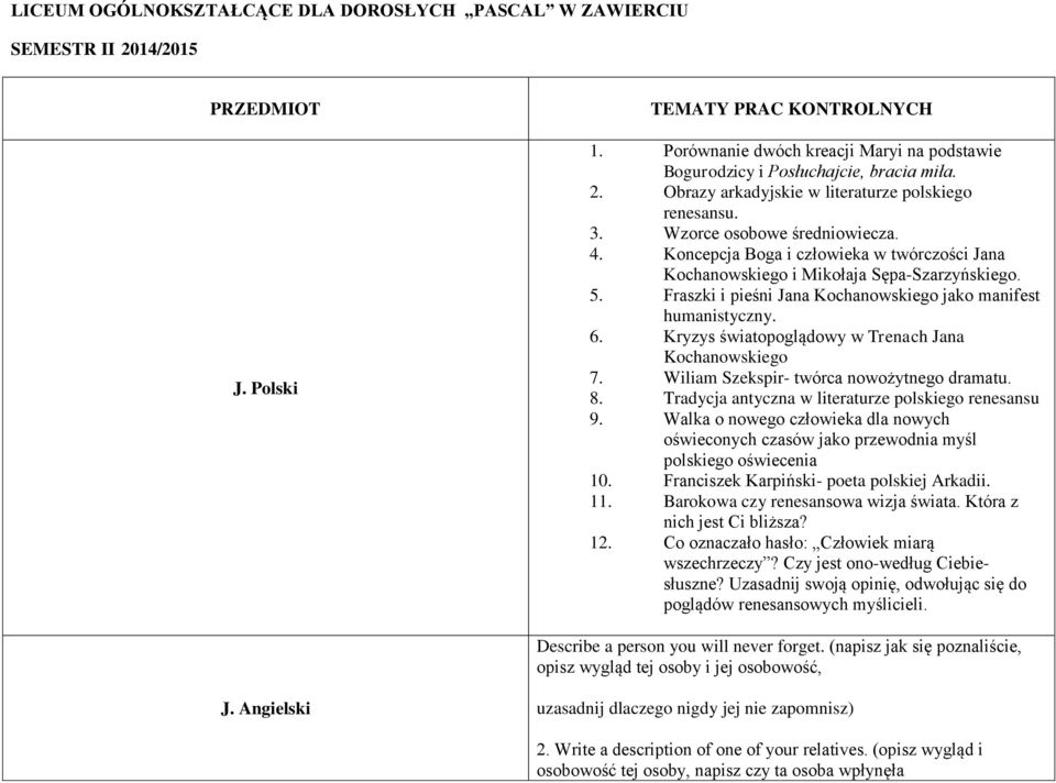 Koncepcja Boga i człowieka w twórczości Jana Kochanowskiego i Mikołaja Sępa-Szarzyńskiego. 5. Fraszki i pieśni Jana Kochanowskiego jako manifest humanistyczny. 6.