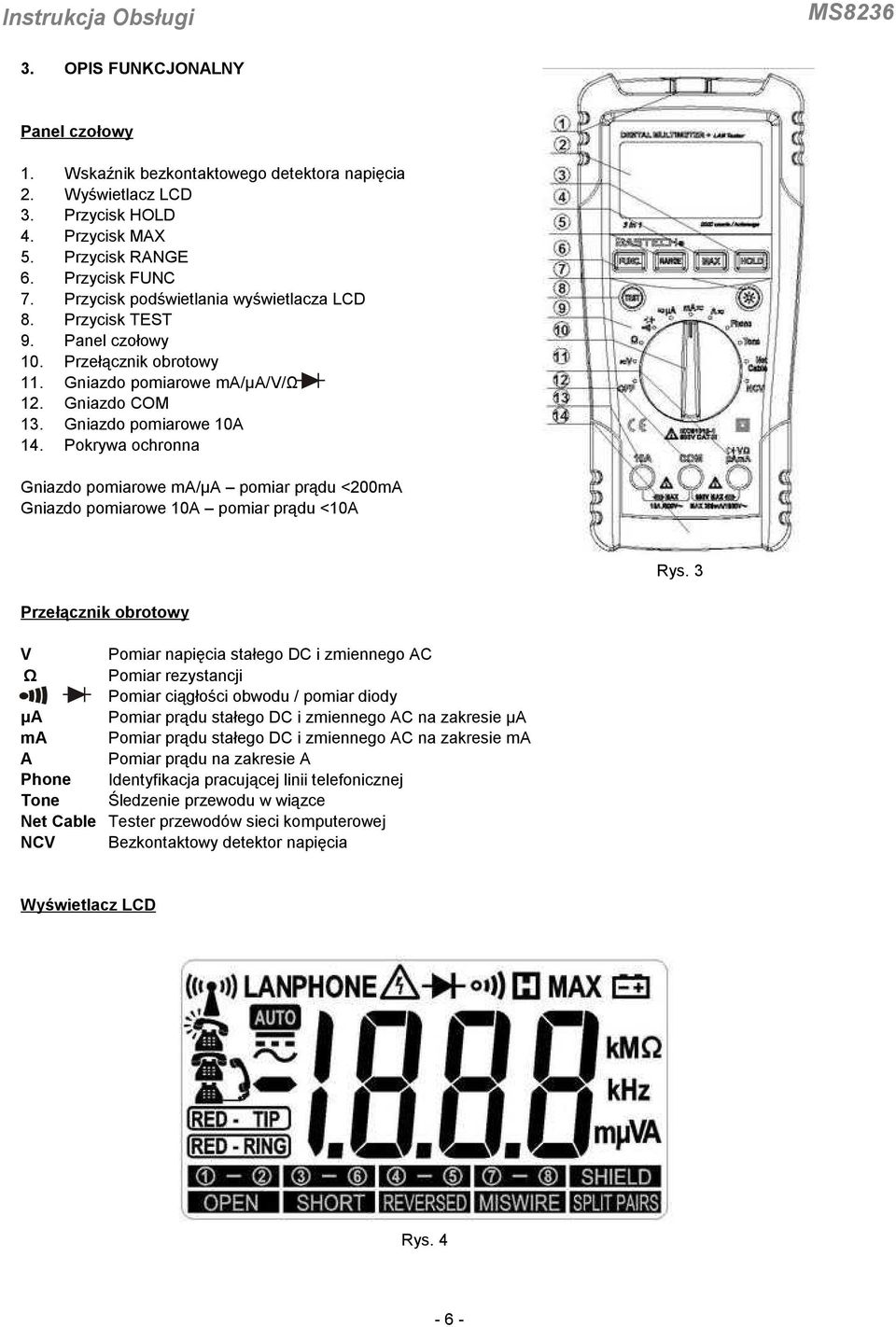 Pokrywa ochronna Gniazdo pomiarowe ma/μa pomiar prądu <200mA Gniazdo pomiarowe 10A pomiar prądu <10A Rys.