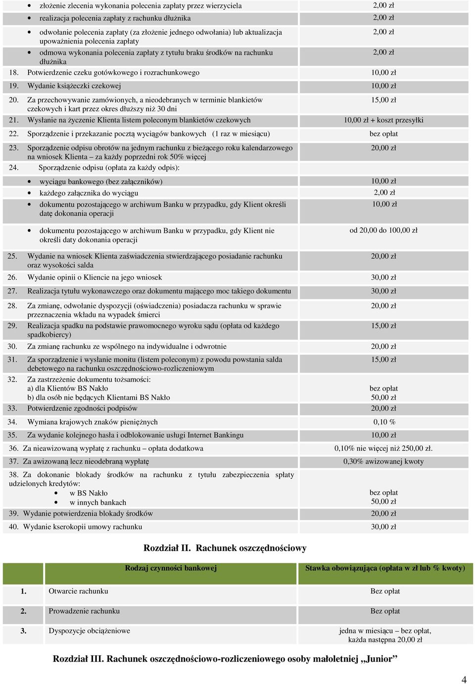 Potwierdzenie czeku gotówkowego i rozrachunkowego 10,00 zł 19. Wydanie książeczki czekowej 10,00 zł 20.