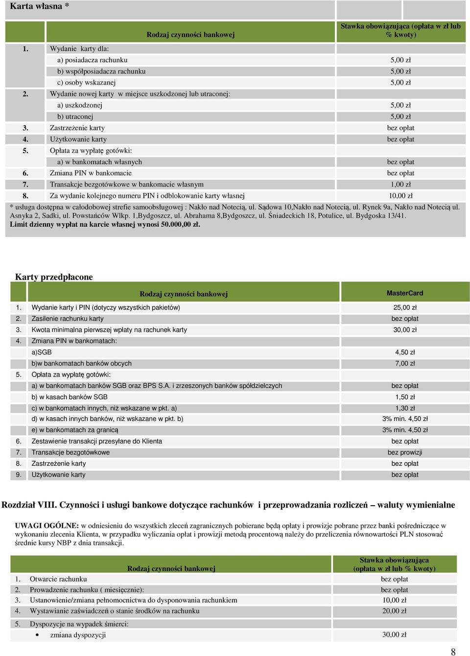 Opłata za wypłatę gotówki: a) w bankomatach własnych 6. Zmiana PIN w bankomacie 7. Transakcje bezgotówkowe w bankomacie własnym 1,00 zł 8.